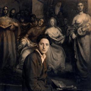 Isaac Díaz Pardo diante do seu cadro Concerto de zanfona, 1939