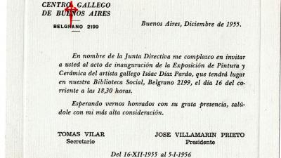 Isaac Díaz Pardo Cerámicas y Pinturas Exposición del 16 de diciembre de 1955 al 3 de enero de 1956, Centro Galego de Buenos Aires. Invitación
